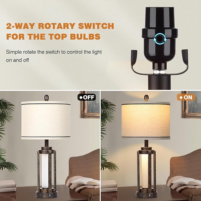 26" Farmhouse Table Lamps Set of 2, Vintage Rustic Industrial Beside Lamps with USB A+C Charging Ports & AC Outlet, Nightstand Lamp with Glass Night Light & Linen Fabric Shade for Living Room Bedrooms - LeafyLoom
