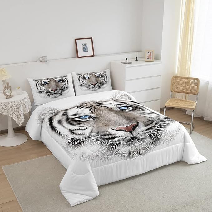 Erosebridal Boys Tiger Comforter Set King Size, Wild Animal Print Down Comforter for Boys Girls Teens Adult Bedroom, Grey Tiger Skin Duvet Insert Black White Stripe Bedding Comforters for Bedroom - LeafyLoom