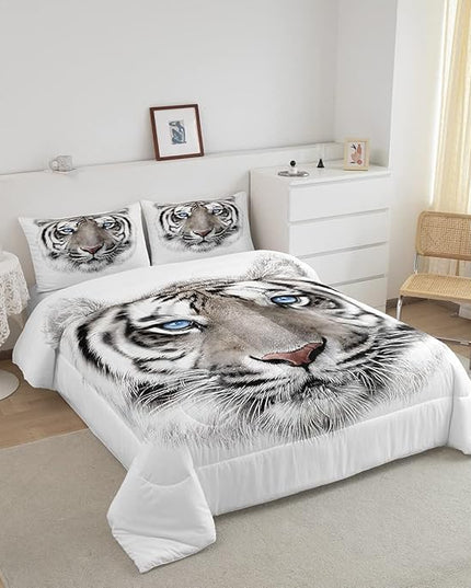 Erosebridal Boys Tiger Comforter Set Queen Size, Wild Animal Print Down Comforter for Boys Girls Teens Adult Bedroom, Grey Tiger Skin Duvet Insert Black White Stripe Bedding Comforters for Bedroom - LeafyLoom
