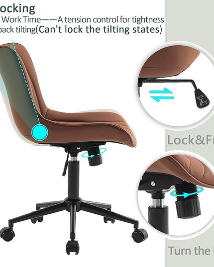 YOUTASTE Coffee Brown Office Chair Modern Armless Desk Chair with Wheels Adjustable Swivel Rocking Rolling Computer Study Chairs Faux Leather Sewing Chairs with Back Stylish Vanity Chair - LeafyLoom