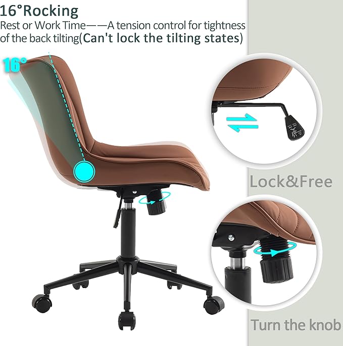 YOUTASTE Coffee Brown Office Chair Modern Armless Desk Chair with Wheels Adjustable Swivel Rocking Rolling Computer Study Chairs Faux Leather Sewing Chairs with Back Stylish Vanity Chair - LeafyLoom