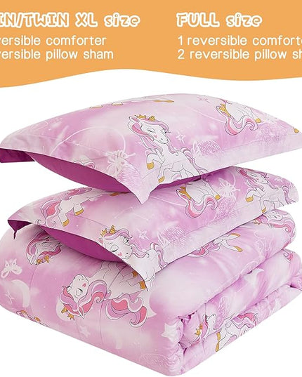 Unicorn Kids Comforter Set for Girls Twin, Cute Reversible Quilted Lavender Printed Bedding Set with Pillow Sham, Lightweight Soft Breathable Machine Washable Bed Set 2 Piece - LeafyLoom