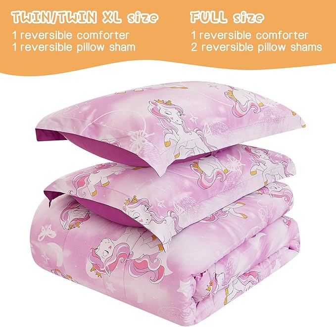 Unicorn Kids Comforter Set for Girls Full Size, Cute Reversible Quilted Lavender Printed Bedding Set with Pillow Sham, Lightweight Soft Breathable Machine Washable Bed Set 3 Piece - LeafyLoom