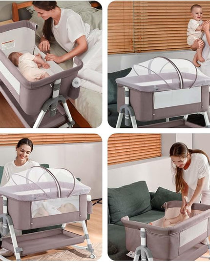 4 in 1 Baby Bassinet, Rocking Bassinets Bedside Sleeper with Comfy Mattress and Wheels, Height Adjustable Easy Folding Portable Bedside Crib for Newborn Infant,Khaki - LeafyLoom