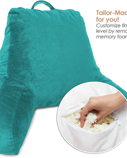 Clara Clark Reading Pillow for Kids, Small Back Pillow for Sitting Up in Bed, Memory Foam Back Support Pillow, Reading Pillows for Sitting in Bed Teal Gaming Pillow for Bed Chair with Arms and Pockets - LeafyLoom