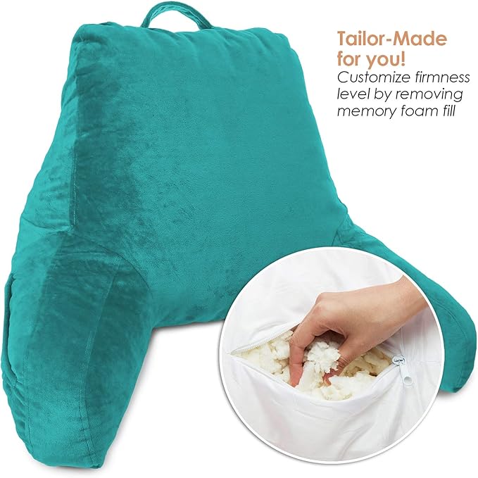 Clara Clark Reading Pillow for Kids, Small Back Pillow for Sitting Up in Bed, Memory Foam Back Support Pillow, Reading Pillows for Sitting in Bed Teal Gaming Pillow for Bed Chair with Arms and Pockets - LeafyLoom