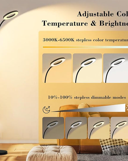 LED Floor Lamp, 12W/1000LM Reading Light, 3 Color Temperatures Bright Modern Tall Lamp, Adjustable Gooseneck Standing Lamp with Remote & Touch Control for Living Room, Bedroom, Office - LeafyLoom
