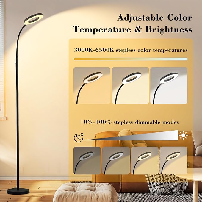 LED Floor Lamp, 12W/1000LM Reading Light, 3 Color Temperatures Bright Modern Tall Lamp, Adjustable Gooseneck Standing Lamp with Remote & Touch Control for Living Room, Bedroom, Office - LeafyLoom