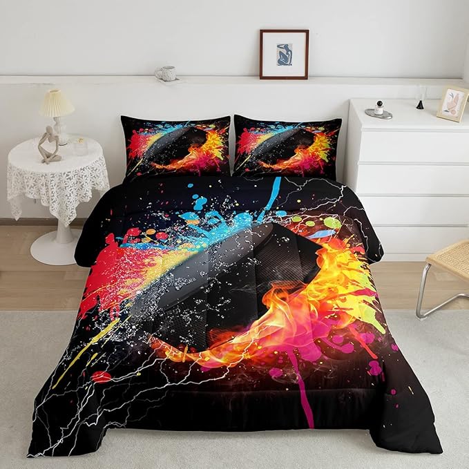 Erosebridal Hockey Bedding Set for Teen Boys Kids Winter Sports Full Comforter Set Grunge Hippie Tie Dye Ball Bed Comforter Sets Red Blue Fire and Water Lightning Quilt Duvet Insert 2 Pillow Cases - LeafyLoom