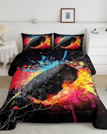 Erosebridal Hockey Bedding Set for Teen Boys Kids Winter Sports King Comforter Set Grunge Hippie Tie Dye Ball Bed Comforter Sets Red Blue Fire and Water Lightning Quilt Duvet Insert 2 Pillow Cases - LeafyLoom