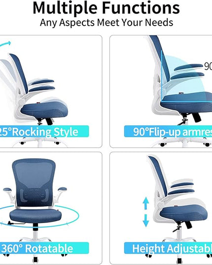 Ergonomic Office Desk Chair Breathable Mesh Swivel Computer Chair, Lumbar Back Support Task Chair, Office Chairs with Wheels and Flip-up Arms, Adjustable Height(White & Blue) - LeafyLoom