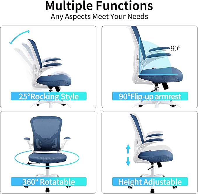Ergonomic Office Desk Chair Breathable Mesh Swivel Computer Chair, Lumbar Back Support Task Chair, Office Chairs with Wheels and Flip-up Arms, Adjustable Height(White & Blue) - LeafyLoom