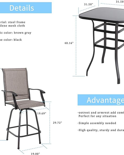 Shintenchi Patio Swivel Bar Set, All Weather Textile Fabric Outdoor High Stool Bistro Set with 2 Bar Chairs and Glass Table for Home, Backyard, Garden, Lawn, Porch (Brown), 3 Pieces - LeafyLoom