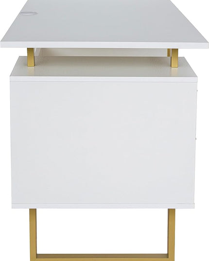 Techni Mobili Storage Drawers and Cabinet 51.25” W-Modern Office Large Floating Desktop Surface Desk, 23.6" D x 51.2" W x 29.8" H, White/Gold - LeafyLoom