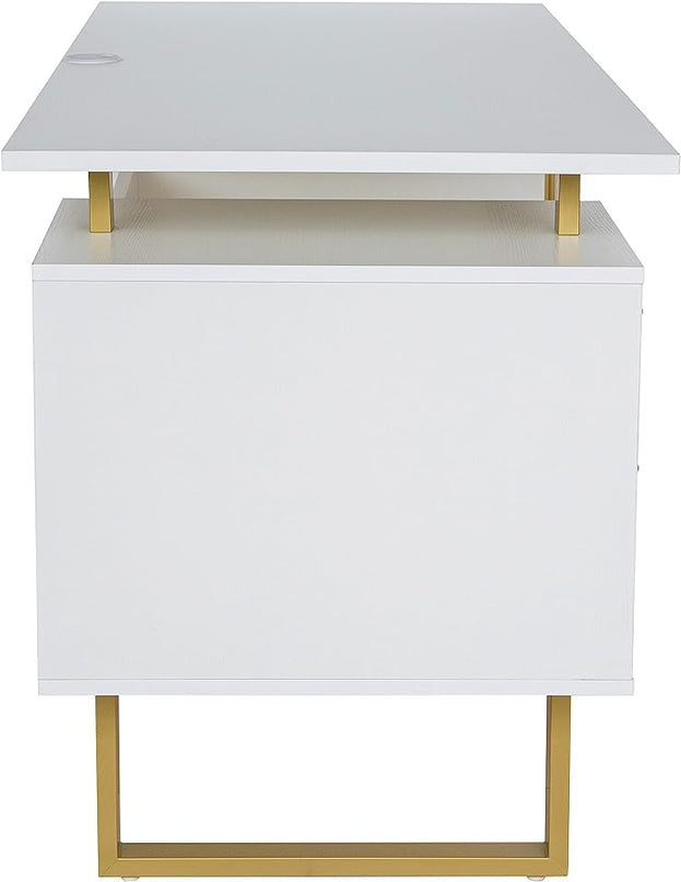 Techni Mobili Storage Drawers and Cabinet 51.25” W-Modern Office Large Floating Desktop Surface Desk, 23.6" D x 51.2" W x 29.8" H, White/Gold - LeafyLoom