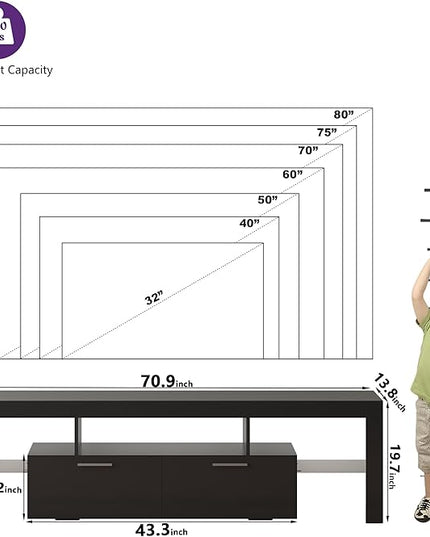 Clikuutory Modern LED 71 inch long TV Stand with Storage Drawer for 50 55 60 65 70 75 80 Inch TVs, Black Wood TV Console with High Glossy Entertainment Center for Gaming, Living Room, Bedroom - LeafyLoom