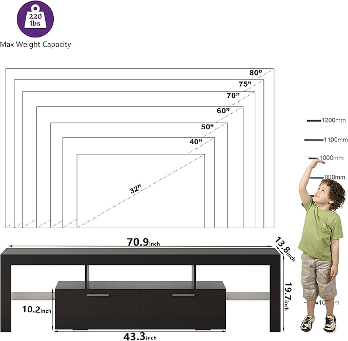 Clikuutory Modern LED 71 inch long TV Stand with Storage Drawer for 50 55 60 65 70 75 80 Inch TVs, Black Wood TV Console with High Glossy Entertainment Center for Gaming, Living Room, Bedroom - LeafyLoom