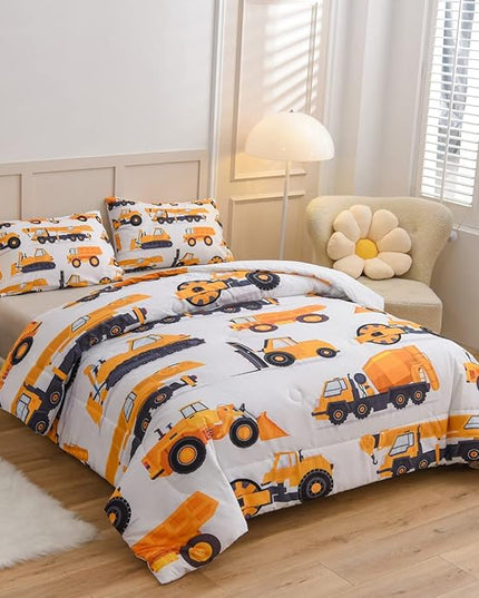 NTBED Construction Truck Comforter Set for Boys Kids Vehicles Excavator Cars Lightweight Microfiber Bedding Sets (White,Full) - LeafyLoom