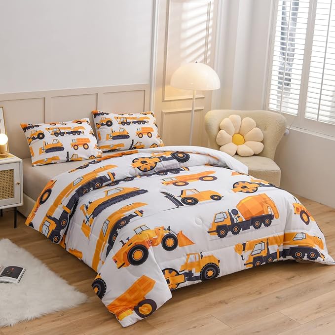 NTBED Construction Truck Comforter Set for Boys Kids Vehicles Excavator Cars Lightweight Microfiber Bedding Sets (White,Full) - LeafyLoom