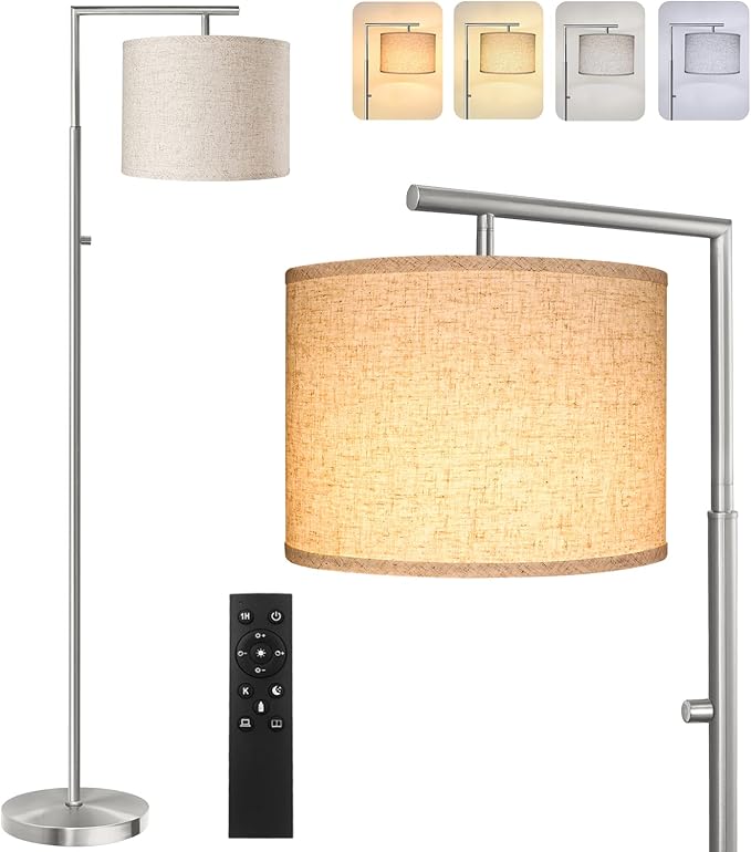 Dimmable Floor Lamp, 4-Color Temperature Modern Standing Lamp with Remote Control & Beige Shade, Tall Pole Floor Lamp for Living Room, Bedroom, Study Room, Office (LED Bulb Included) -Silver - LeafyLoom