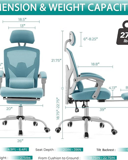 MCQ Office Computer Desk Chair, Gaming Chairs for Adults, High-Back Mesh Rolling Swivel Reclining Chairs with Wheels, Comfortable Lumbar Support, Comfy Arms for Home, Office, Gaming, Student, Blue - LeafyLoom
