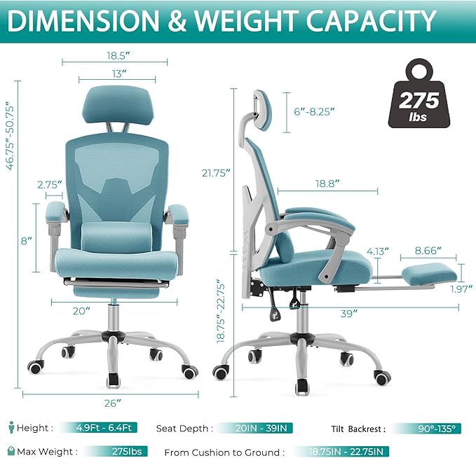 MCQ Office Computer Desk Chair, Gaming Chairs for Adults, High-Back Mesh Rolling Swivel Reclining Chairs with Wheels, Comfortable Lumbar Support, Comfy Arms for Home, Office, Gaming, Student, Blue - LeafyLoom