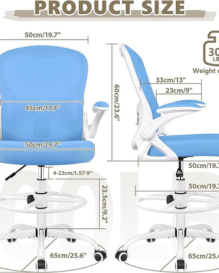 Drafting Chair, Tall Office Chair Ergonomic Standing Desk chair, Lumbar Support Computer Chair Swivel Task Rolling Chair with Adjustable Flip-up Armrests & Foot Ring (Sky Blue) - LeafyLoom