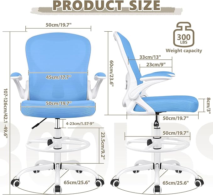 Drafting Chair, Tall Office Chair Ergonomic Standing Desk chair, Lumbar Support Computer Chair Swivel Task Rolling Chair with Adjustable Flip-up Armrests & Foot Ring (Sky Blue) - LeafyLoom