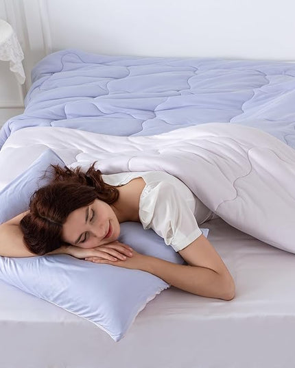 COTTEBED Reversible Ultra-Soft Light Pink and Purple Comforter Set Queen Full Size, Jersey Knit T-Shirt Feel Cute Fluffy Lightweight Bedding Down Blanket Quilt Pillowcase for Man Women Girl All Season - LeafyLoom