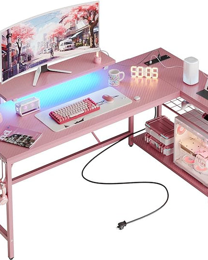 Bestier L Shaped Gaming Desk with Power Outlets,58 LED Small Corner Desk with Reversible Storage Shelves,Pink Computer Desk with Headset Hooks Desk for Living Room and Dormitory - LeafyLoom