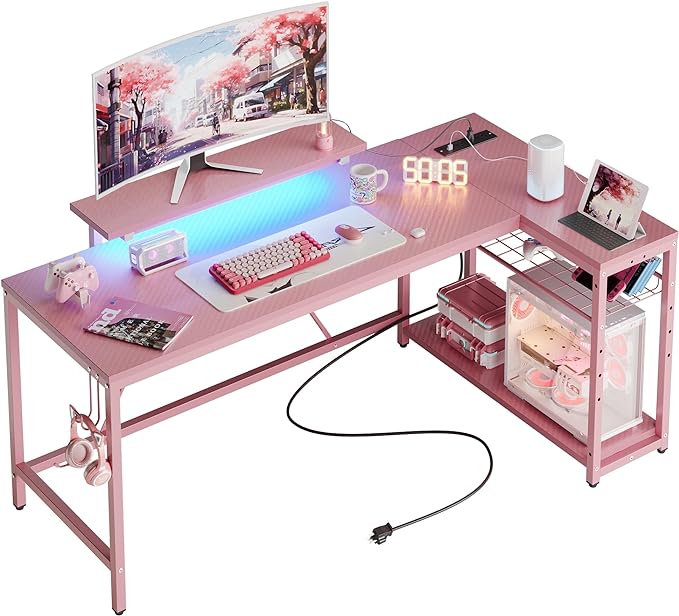 Bestier L Shaped Gaming Desk with Power Outlets,58 LED Small Corner Desk with Reversible Storage Shelves,Pink Computer Desk with Headset Hooks Desk for Living Room and Dormitory - LeafyLoom