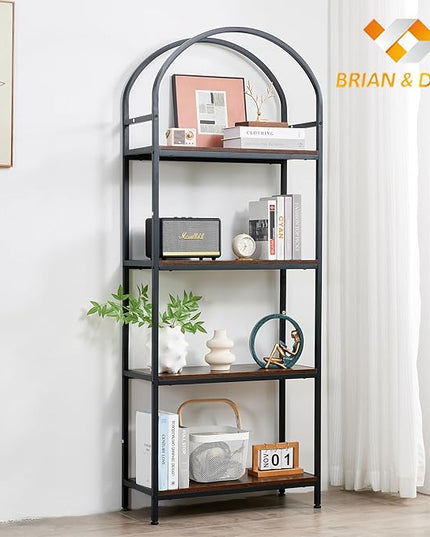 BRIAN & DANY Bookshelf, 4 Tier Tall Black Bookcase Metal Book Shelf, Larger Compartments Arched Display Shelves Open Storage Rack Shelving for Home Office, Bedroom, Living Room, Study, Antique - LeafyLoom