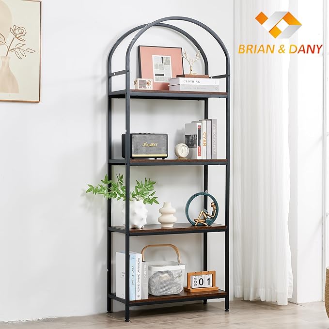 BRIAN & DANY Bookshelf, 4 Tier Tall Black Bookcase Metal Book Shelf, Larger Compartments Arched Display Shelves Open Storage Rack Shelving for Home Office, Bedroom, Living Room, Study, Antique - LeafyLoom