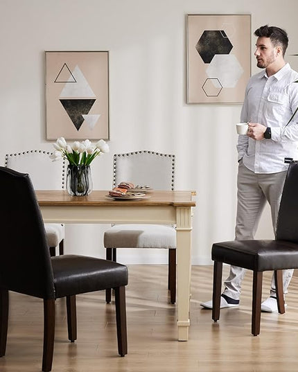 DUMOS Dining Chairs Set of 2, PU Leather Dining Room Chairs, Upholstered Parsons Chairs with Nailhead Trim & Wood Legs, Kitchen Side Chair for Dining Living Room,Bedroom - Brown - LeafyLoom