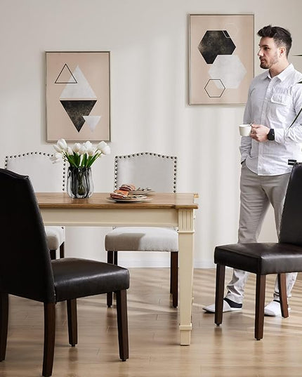 DUMOS Dining Chairs Set of 4, PU Leather Dining Room Chairs, Upholstered Parsons Chairs with Nailhead Trim & Wood Legs, Kitchen Side Chair for Dining Living Room,Bedroom - Brown - LeafyLoom