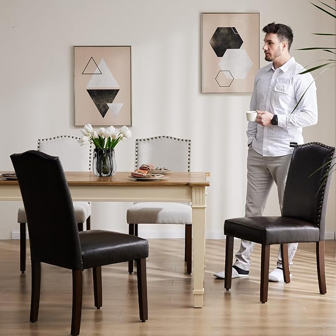 DUMOS Dining Chairs Set of 4, PU Leather Dining Room Chairs, Upholstered Parsons Chairs with Nailhead Trim & Wood Legs, Kitchen Side Chair for Dining Living Room,Bedroom - Brown - LeafyLoom