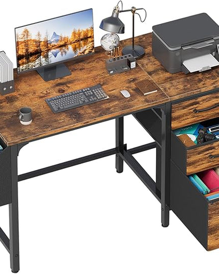 Lufeiya Computer Desk with Fabric File Drawers Cabinet, 47 Inch Home Office Desks with Filing Cabinet for Small Space, Study Writing Table PC Desks, Rustic Brown - LeafyLoom
