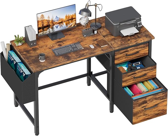 Lufeiya Computer Desk with Fabric File Drawers Cabinet, 47 Inch Home Office Desks with Filing Cabinet for Small Space, Study Writing Table PC Desks, Rustic Brown - LeafyLoom