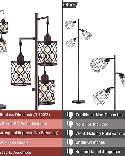 68" Farmhouse floor lamp, Dimmable Industrial Floor Lamps for Living Room, 3 Light Rustic Standing Tall Lamp Including 3 PCS 6W E26 Bulbs, Tree Floor Lamp for Bedrooms Room, Office, Bar, Brown - LeafyLoom