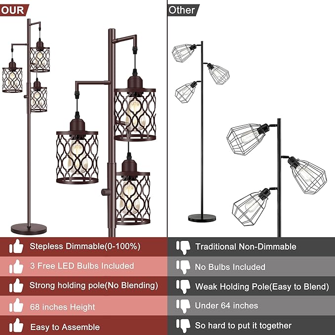 68" Farmhouse floor lamp, Dimmable Industrial Floor Lamps for Living Room, 3 Light Rustic Standing Tall Lamp Including 3 PCS 6W E26 Bulbs, Tree Floor Lamp for Bedrooms Room, Office, Bar, Brown - LeafyLoom