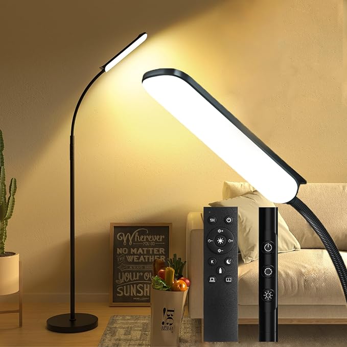 Brightown LED Floor Lamp - 18W Bright Lamp with Remote & Touch Control - 4 Color Temperatures with Memory & Timer, Adjustable Gooseneck for Reading - Ideal for Living Room, Bedroom, Office - LeafyLoom