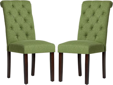 COLAMY Button Tufted Dining Chairs Set of 2, Parsons Upholstered Fabric Dining Room Chairs Kitchen Chairs with Wood Legs and Padded Seat, Green - LeafyLoom