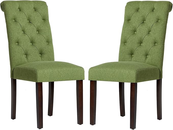 COLAMY Button Tufted Dining Chairs Set of 2, Parsons Upholstered Fabric Dining Room Chairs Kitchen Chairs with Wood Legs and Padded Seat, Green - LeafyLoom