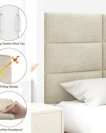 Queen Headboard, Wall Mounted Peel and Stick Headboard, Upholstered Tufted Bed Headboard for Queen Size Bed, Floating Dorm Bedroom Tall Headboard Soundproof Wall Panels (9 Panels, 10"x24") - LeafyLoom