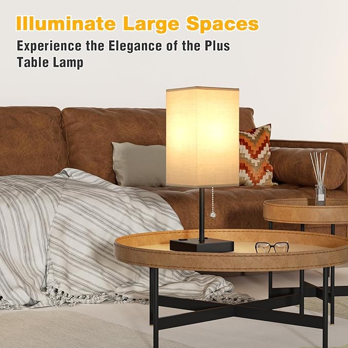 aooshine Grey Table Lamp for Bedroom - 3 Color Temperature 3000K 5000K 4000K Bedside Lamp, Pull Chain Control, USB A and C Ports, AC Outlets, Bulb Included, Medium - LeafyLoom