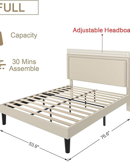 VECELO Full Size Platform Bed Frame with Height Adjustable Upholstered Headboard, Modern Mattress Foundation,Strong Wood Slat Support, No Box Spring Needed, Easy Assembly - LeafyLoom