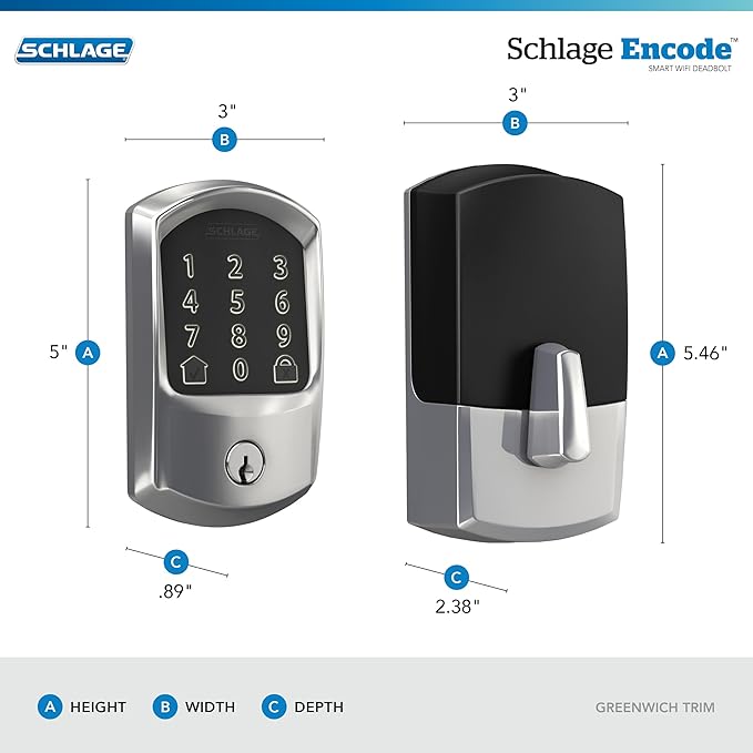 Schlage Encode Smart WiFi Deadbolt Lock for Front Door - Keyless Entry with App or Touchscreen - Works with Alexa, Apple HomeKit, Hey Google, & Airbnb - Create Codes for Guests - Bright Chrome Silver SchlageLockCompany