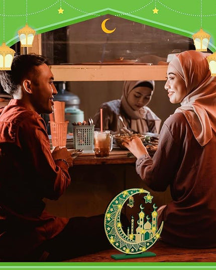 2 Pcs Ramadan Eid Mubarak Crafts Night Light 3D Wooden Moon Star Lights Ramadan Decorations LED Eid Mubarak Lamp Decor Ramadan Table Sign for Tabletop Home Party Supplies(Green and Gold) - LeafyLoom