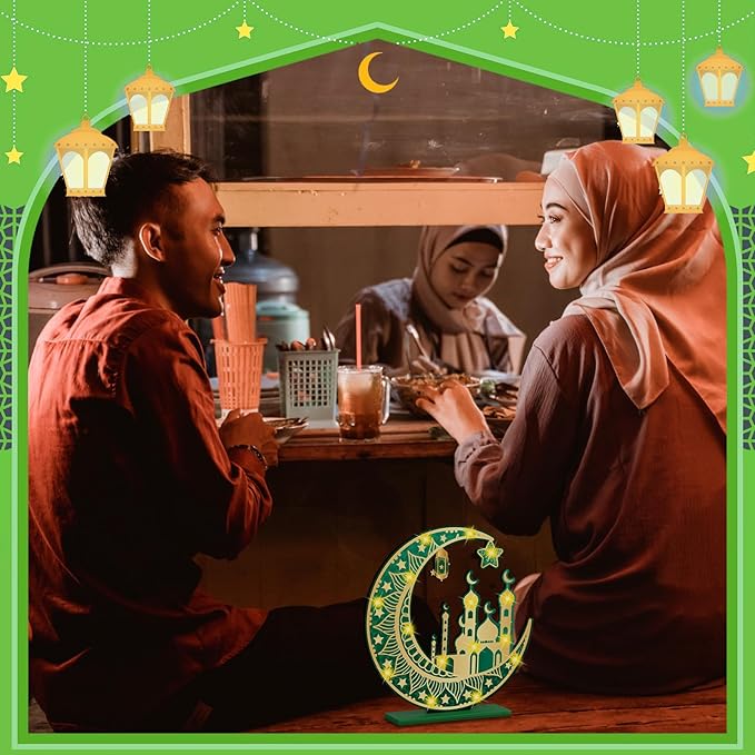 2 Pcs Ramadan Eid Mubarak Crafts Night Light 3D Wooden Moon Star Lights Ramadan Decorations LED Eid Mubarak Lamp Decor Ramadan Table Sign for Tabletop Home Party Supplies(Green and Gold) - LeafyLoom