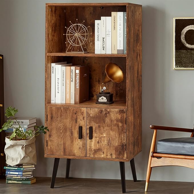 usikey 48.4" H Boho Bookcase, Retro Bookshelf with Doors & 2-Tier Shlef, Mid-Century Modern Storage Cabinet for Bedroom, Study, Living Room, Office, Library, Brown - LeafyLoom